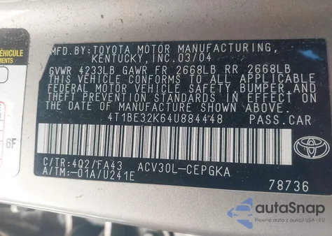 2004 Toyota Camry Xle z USA, uszkodzony, nr VIN 4T1BE32K64U884448